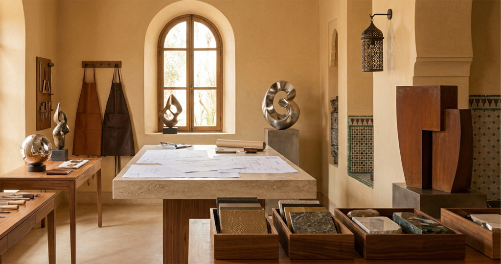 Atelier d’art consultancy avec sculptures sur mesure, plans architecturaux et échantillons de matériaux au Maroc