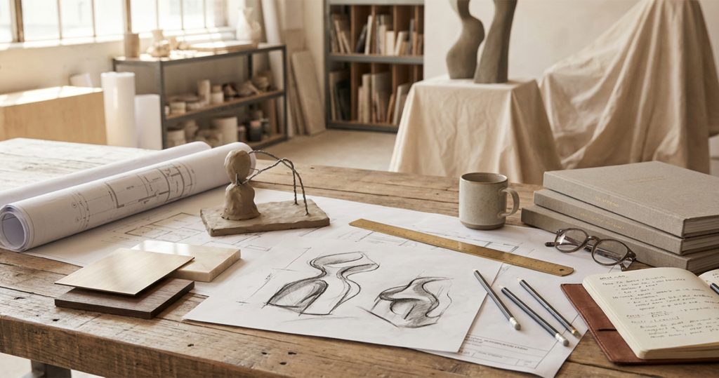 Table de conception avec croquis, plans, maquette et échantillons de matériaux pour sculpture sur mesure