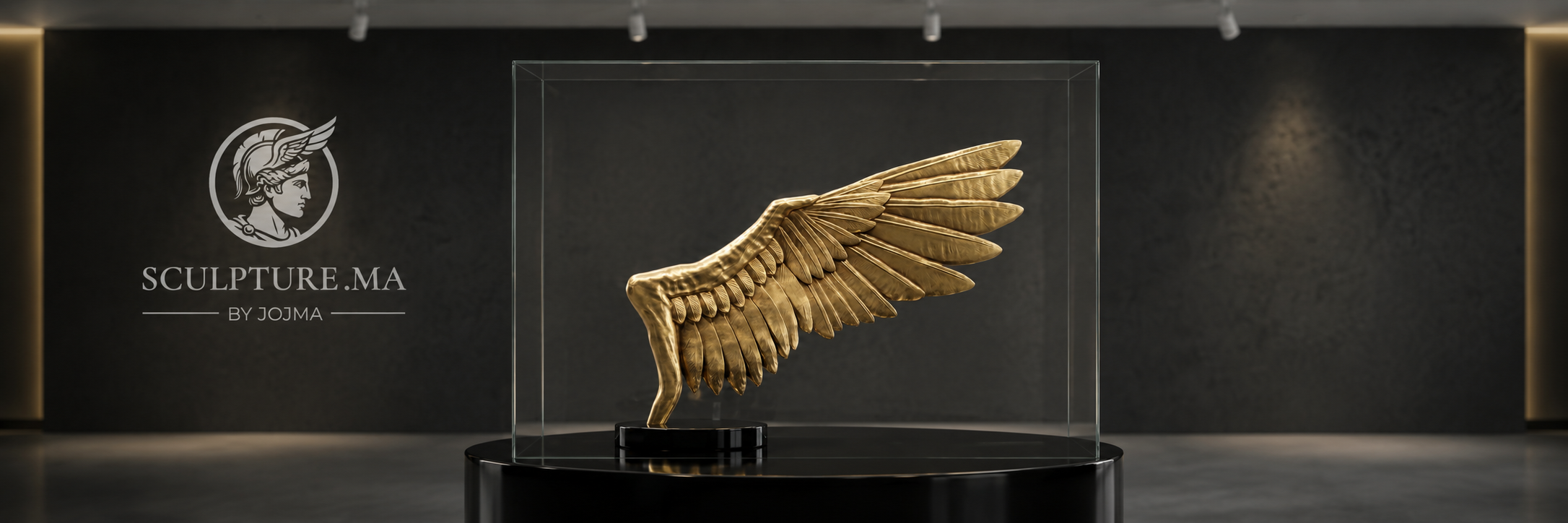 Sculpture d'aile en bronze doré présentée sous vitrine dans un écrin sombre avec le logo Sculpture.ma by Jojma, atelier de métallerie d'art à Casablanca, Maroc