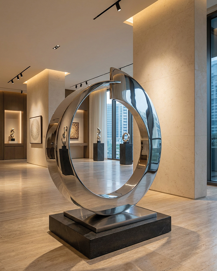 Sculpture circulaire en acier inoxydable poli miroir dans une galerie de luxe, inspiration de sculpture contemporaine sur mesure par Sculpture.ma by Jojma