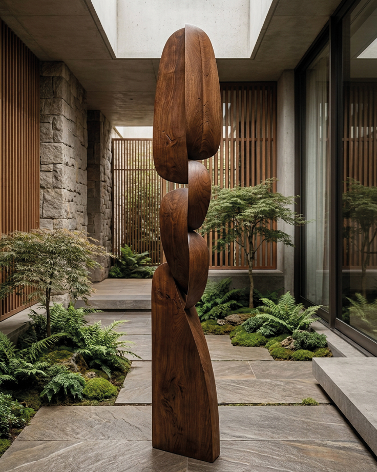 Sculpture verticale en bronze aux formes torsadées dans un lobby de luxe à décor oriental, inspiration de sculpture monumentale sur mesure par Sculpture.ma by Jojma