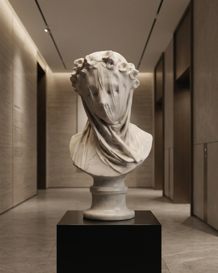 Sculpture de buste voilé en resine blanc au drapé translucide sur socle noir, inspiration de sculpture classique sur mesure par Sculpture.ma by Jojma