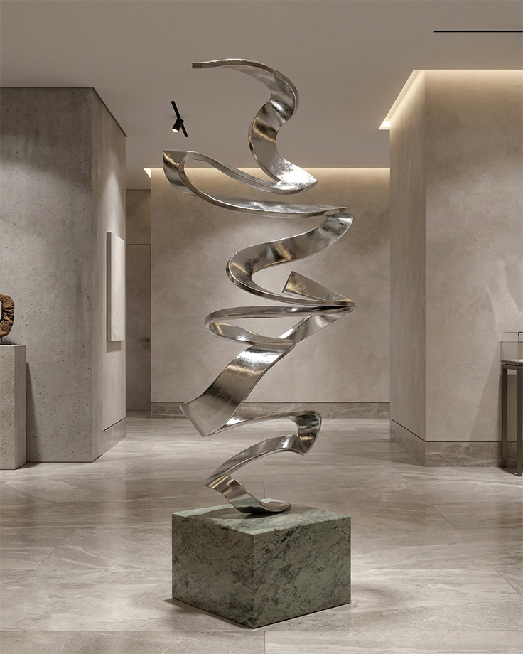 Sculpture en spirale ascendante en acier inoxydable poli sur socle de pierre dans un intérieur contemporain, inspiration de sculpture sur mesure par Sculpture.ma by Jojma