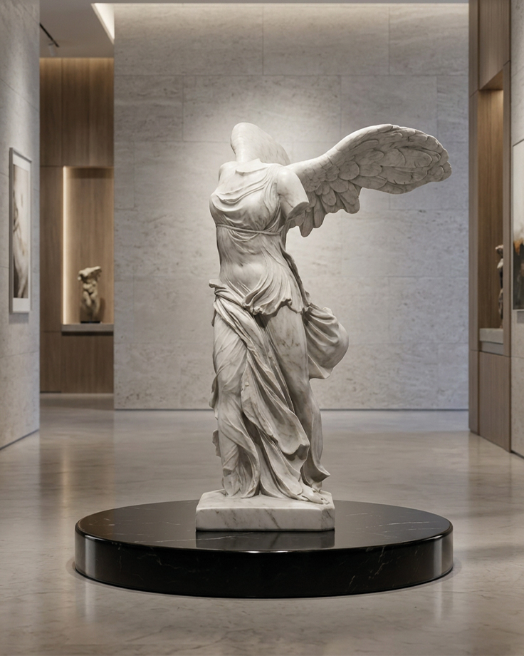 Sculpture ailée en resine d'inspiration classique sur socle noir dans une galerie d'art, inspiration de sculpture figurative sur mesure par Sculpture.ma by Jojma