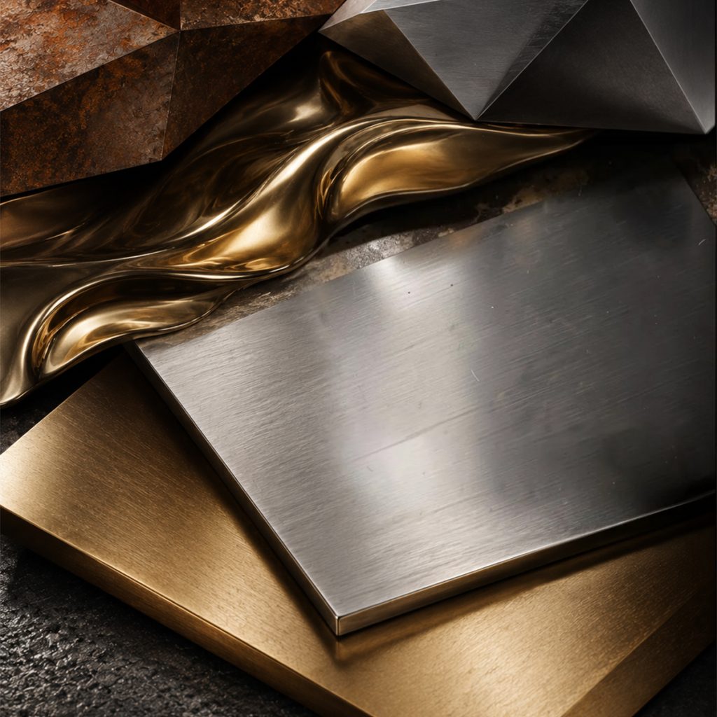 Composition de matériaux métalliques nobles — plaques de laiton doré, bronze poli, acier inoxydable brossé et acier Corten utilisés pour la fabrication de sculptures d'art sur mesure au Maroc
