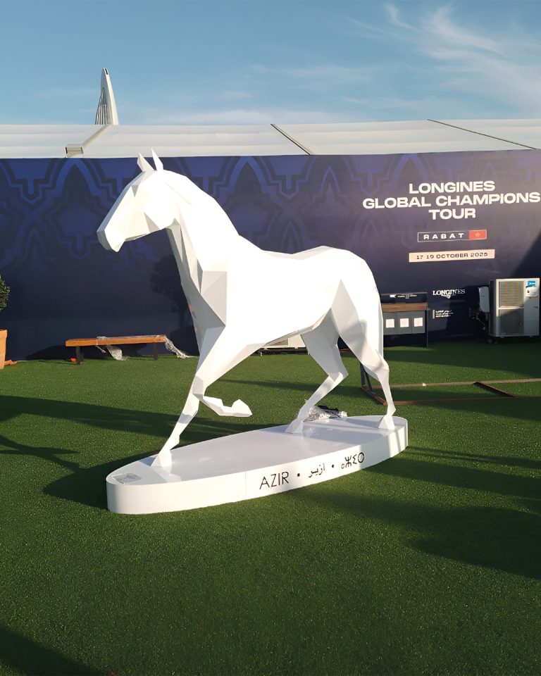 contemporary animal sculpture of a faceted white horse at Longines Global Champions Tour Rabat