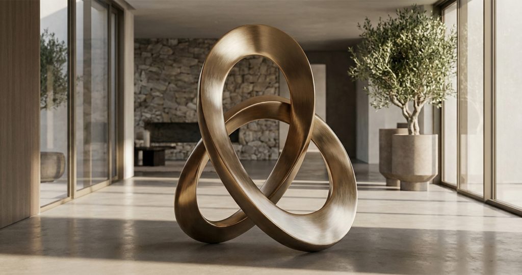 Sculpture abstraite en laiton installée dans une villa moderne avec finition métallique haut de gamme