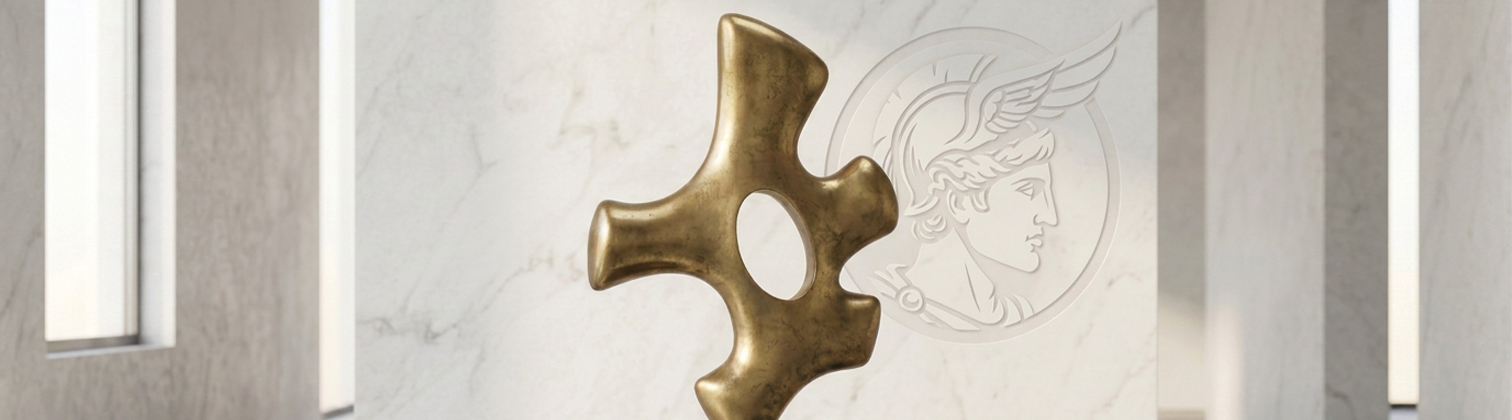 Sculpture abstraite en bronze poli présentée sur fond de marbre, réalisation de métallerie d'art sur mesure de l'atelier Jojma à Casablanca, Maroc