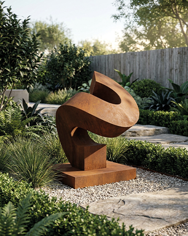 Sculpture en acier corten installée dans un jardin paysager haut de gamme au Maroc