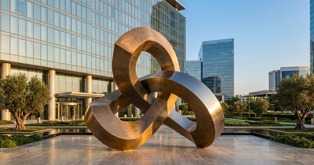 Grande sculpture monumentale extérieure en métal devant un hôtel moderne et des bâtiments professionnels