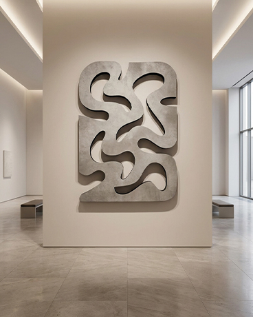 Sculpture murale abstraite exposée dans un espace muséal contemporain au Maroc