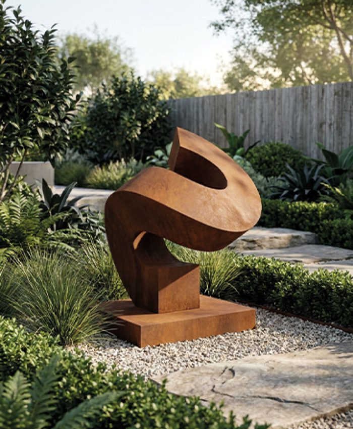 Sculpture en acier corten installée dans un jardin paysager haut de gamme au Maroc