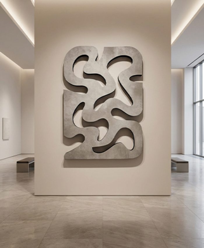 Sculpture murale abstraite exposée dans un espace muséal contemporain au Maroc
